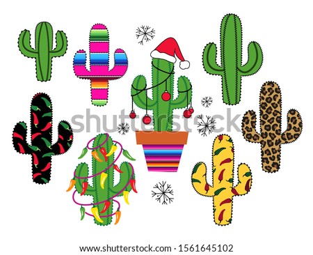 
    Silhouettes collection of Cactus . Leopard,  stripes Serape,  Christmas and chili peppers pattern. Vector illustration. Clip Art.