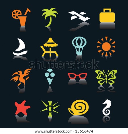 Multicolored vacation icons on black background