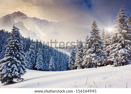 Fantastic evening winter landscape. Dramatic overcast sky. Creative collage. Beauty world. Royalty-Free Stock Photo #156164945
