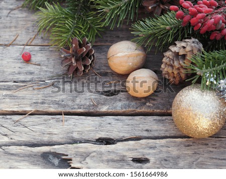 Side view of spruce branch on a wooden rustic table with berries and food
