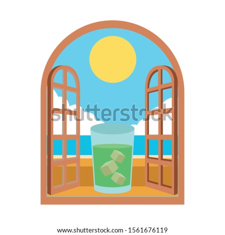 cocktail in a window with beautiful landscape over white background, vector illustration