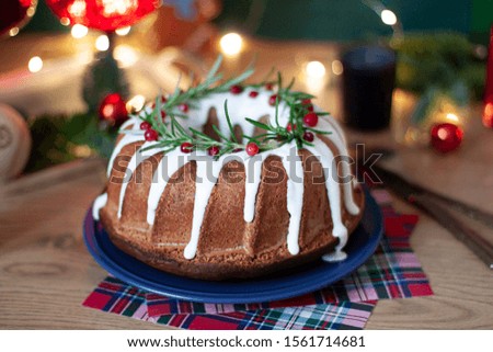Christmas traditional pie close up. Festive food with winter holidays decoration on the table 
