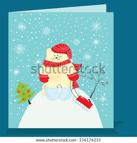 Winter vector illustration with cute cat and sled. Ideal for Christmas or New Year postcard or children poster. 