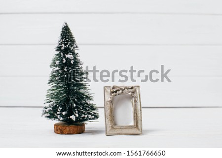 Winter concept.Tiny Christmas tree and a vintage photo frame on a white backgroud