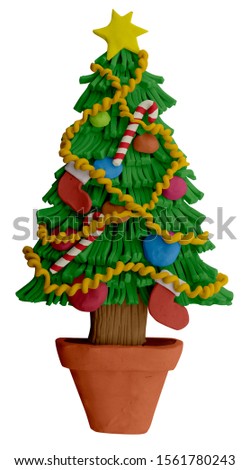 Christmas green tree with star and decoration balls, handmade with plasticine. Isolated on white background – Image