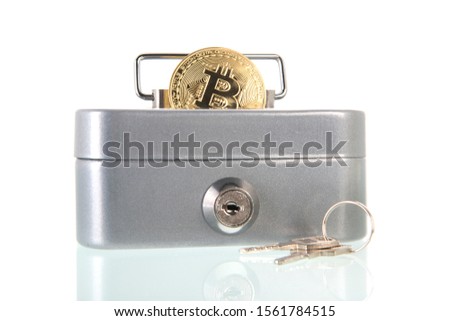 Saving bitcoins in money box isolated over white background