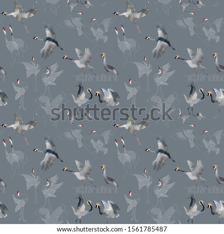 Seamless pattern of silhouettes of birds. Storyboard of a flying crane, the marriage game, wildlife. Watercolor spots and Detailed hand-drawn white feathers on a gray background