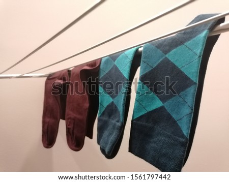 Colorful men socks hanging on white background