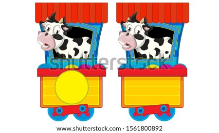 Cartoon funny looking steam wagon with animal cow on white background - illustration for children