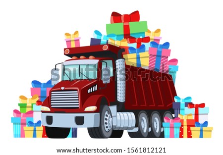 Gift for birthday or some other special occasion. Delivery of family gifts. Dump truck with gifts. 
