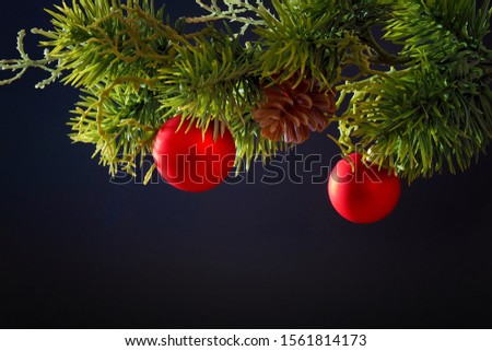 New Year picture. Fir branch with Christmas toys on a dark background
