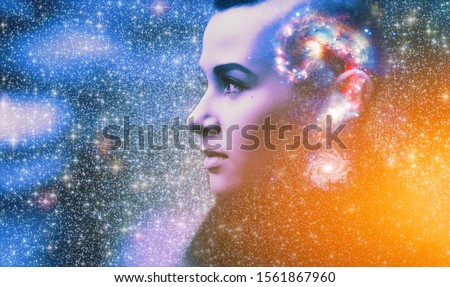 Double multiply exposure abstract portrait of young woman face with galaxy universe space inside head. Human mind spirit, ai brain, astronomy, ask question answer concept Elements image furnished NASA Royalty-Free Stock Photo #1561867960