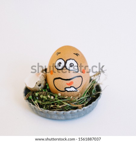A depiction of a funny face on an egg in a cute small plate on a white background