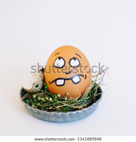 A depiction of an unsure face on an egg in a cute small plate on a white background