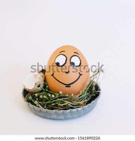 A depiction of a cute smiling face on an egg in a cute small plate on a white background