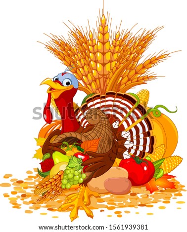 Illustration of cute turkey with cornucopia