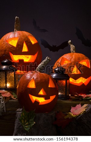 halloween pumpkins, near lanterns and  bats on dark background