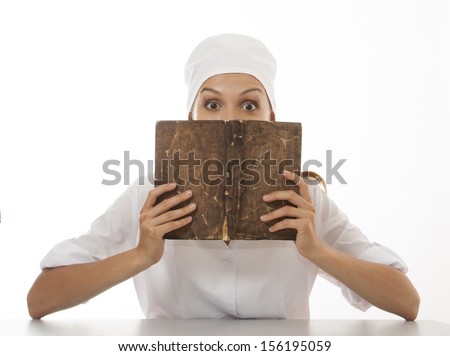 Woman doctor or nurse reading old book, isolated on white background