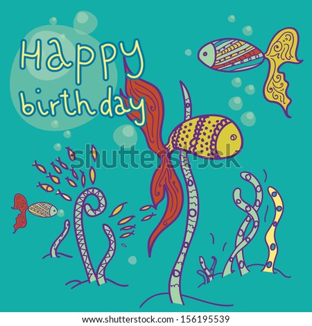 Greeting card. Happy birthday Underwater. Vector cartoon illustration