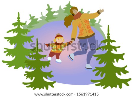 
Baby and his mother skates on ice on the background of spruce forest. Romantic winter landscape. Christmas card. EPS10 vector illustration