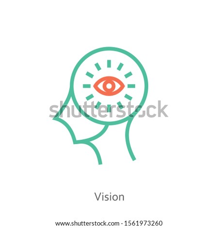 Vision icon concept with open eye inside in the drawing of human brain isolated on white background, vector and illustration.