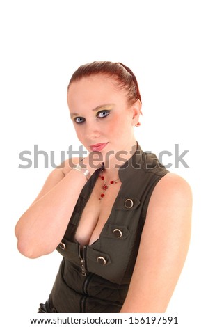 A portrait picture on a lovely teenager girl with red hair and green vest for white background. 