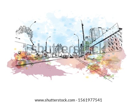 Building view with landmark of Novosibirsk is a city in Siberia, southern Russia, bisected by the Ob River. Watercolor splash with Hand drawn sketch illustration in vector.