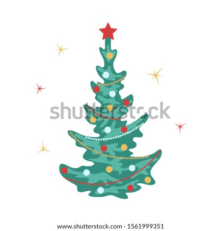 Christmas tree decorated with colorful garland and baubles isolated on white background. Christmas and New Year color icon. Flat style vector illustration.