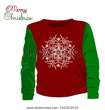 ugly Christmas red-green Sweater, which a snowflake painted on it, color clip-art on a white isolated background