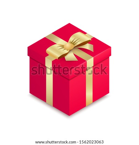 Isometric square gift box. Surprise red present box with golden ribbon bow with shadow isolated on white background.  Vector illustration