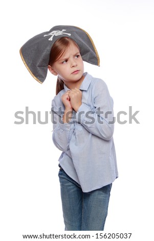Cute little girl in a pirate hat cold isolated on white Halloween/Charming child as a pirate
