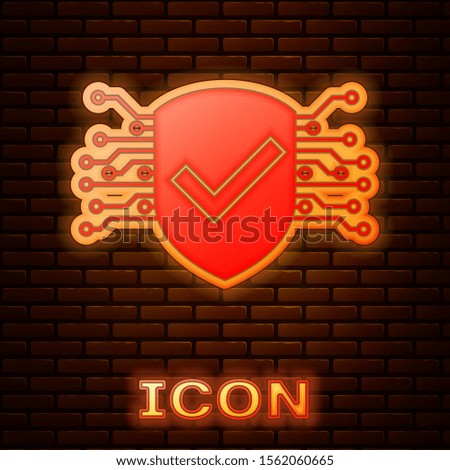 Glowing neon Cyber security icon isolated on brick wall background. Shield with check mark sign. Safety concept. Digital data protection.  Vector Illustration