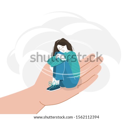 Sad young woman with lowered head hugging herself with her hands on her knees. Anxiety girl sitting on a helping hand. Help concept vector illustration.