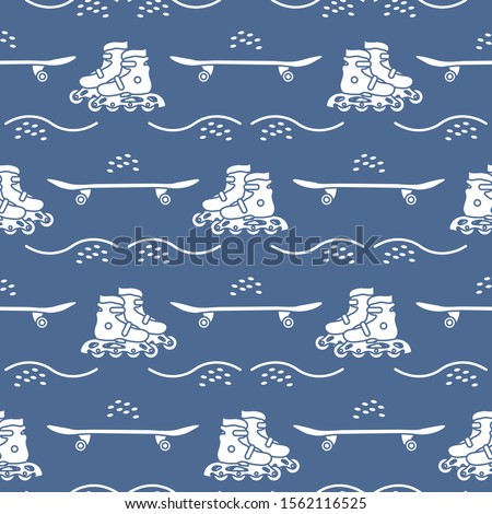 Vector seamless pattern with rollers, skateboard. Athletic, healthy lifestyle for every person. Family vacation. Sports background. Design for packaging paper, fabric, print.