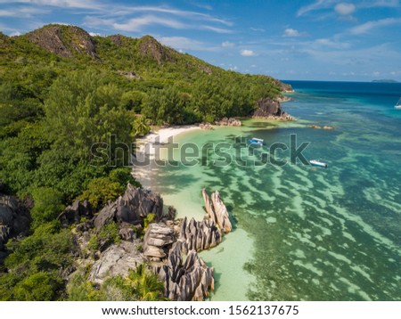 incredible view on the coastline of Curieuse Island on the seychelles from a Drone, travel and Tour destination concept Royalty-Free Stock Photo #1562137675