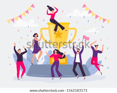 Winners team. Happy people win golden cup, successful champions dancing and celebrating victory. Corporative winning award trophy, success team or teamwork wins flat vector illustration Royalty-Free Stock Photo #1562183173