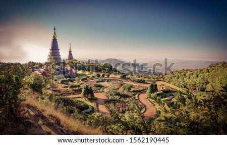 Landscape of two pagoda (noppha methanidon-noppha phon phum siri stupa) in an Inthanon mountain, chiang mai, Thailand Royalty-Free Stock Photo #1562190445