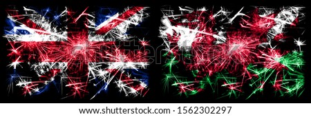 Great Britain, United Kingdom vs Wales, Welsh New Year celebration travel sparkling fireworks flags concept background. Combination of two abstract states flags.
