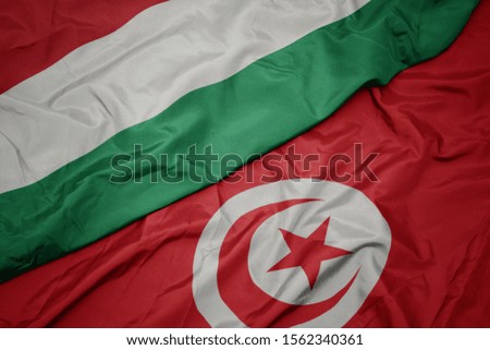 waving colorful flag of tunisia and national flag of hungary. macro