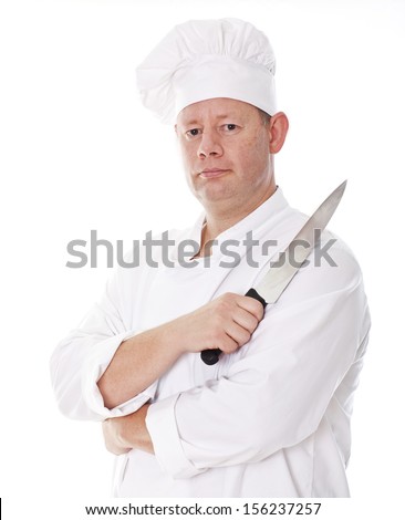 Male chef holding a knife isolated on white