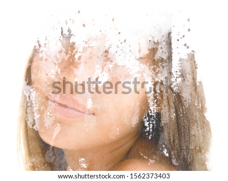 Paintography. Double exposure. Portrait photograph of beautiful girl looking into camera blended with hand made black ink painting with brushstroke texture on white background
