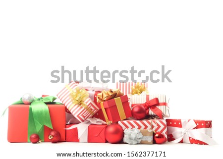Gift boxes with baubles isolated on white background