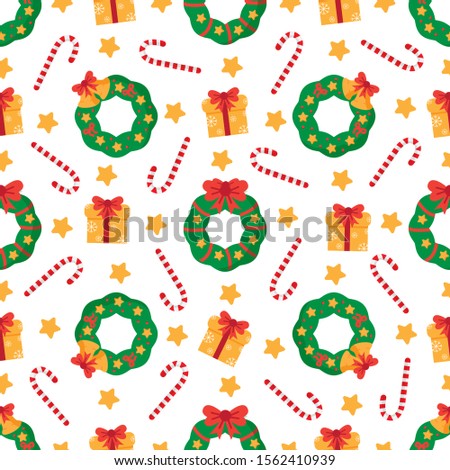 Cute seamless pattern with Christmas wreaths and present boxes.
