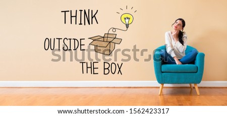 Think outside the box with woman in a thoughtful pose in a chair