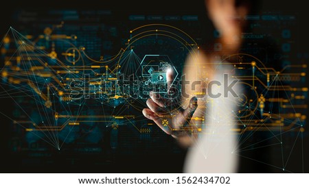 Digital marketing media (website ad, email, social network, SEO, video, mobile app) in Modern UI computer touching by hand.