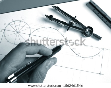 vintage classic drafting drawing: sinusoid draw and drafting tools Royalty-Free Stock Photo #1562461546
