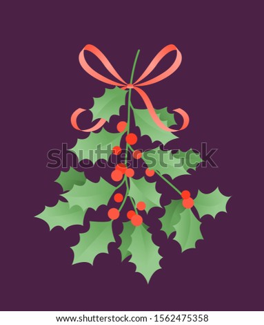 Twig holly with a bow from a ribbon. Christmas and New Year postcard. Flat vector illustration.