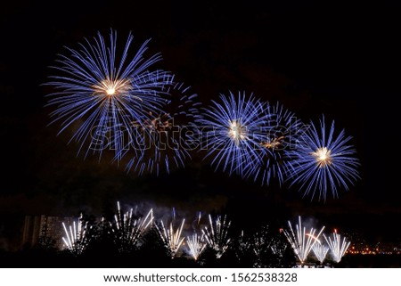 Flashes of blue and white fireworks against the background of the night city and black sky Royalty-Free Stock Photo #1562538328