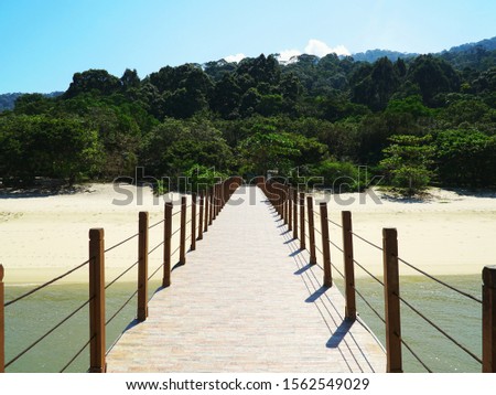 picture showing a pier at the turtle beach on penang in malaysia in front of rainforest