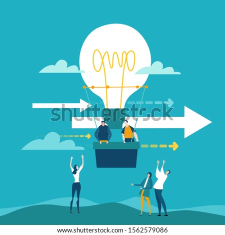 Business people flying with ant hot air balloon shaped as light bulb. Start up, new business, new idea and support. 